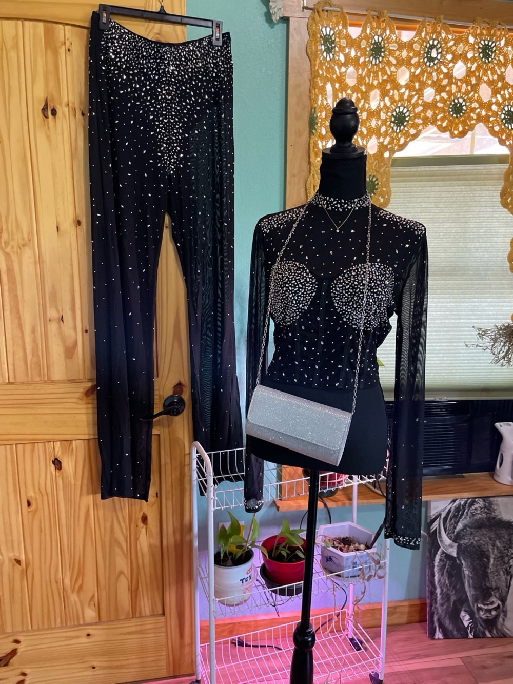 Black Rhinestone Mesh Jumpsuit Set with Sheer Long Sleeves